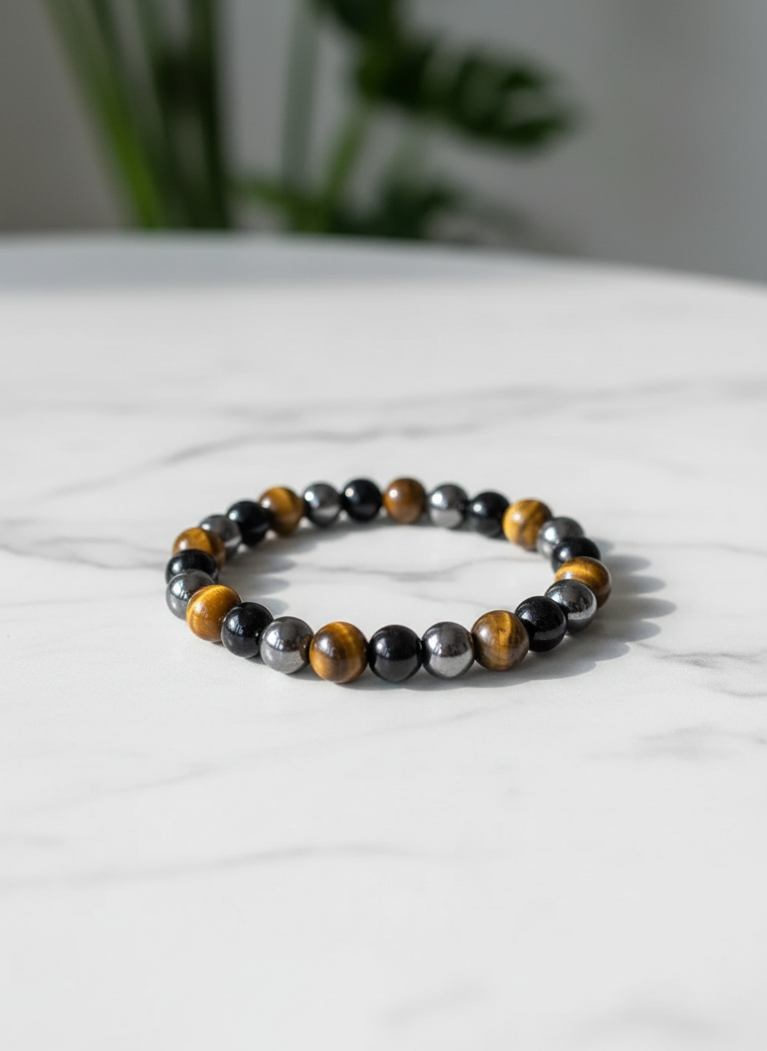 Triple Eye Protection Bracelet – Tiger Eye, Hematite & Black Obsidian for Strength & Protection