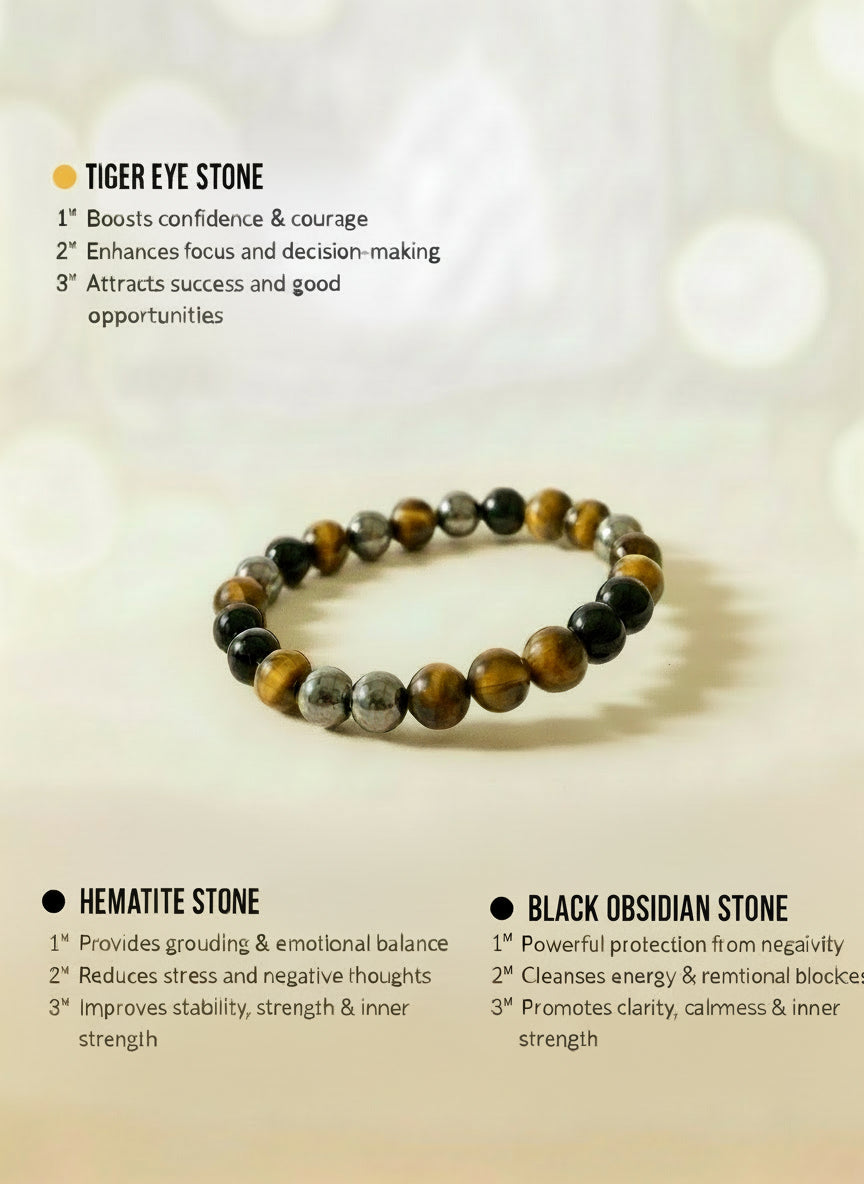 Triple Eye Protection Bracelet – Tiger Eye, Hematite & Black Obsidian for Strength & Protection