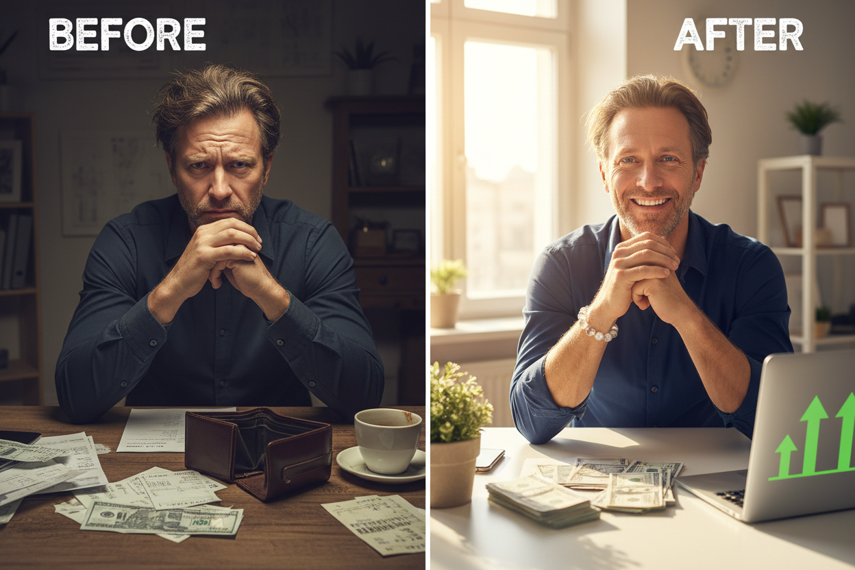 ek bande ki pic dikhao before after ki jo ek pic mai peso k liye preshan dikhra hai or usdre mai bracelet lene  bad pese ane lag gaye 