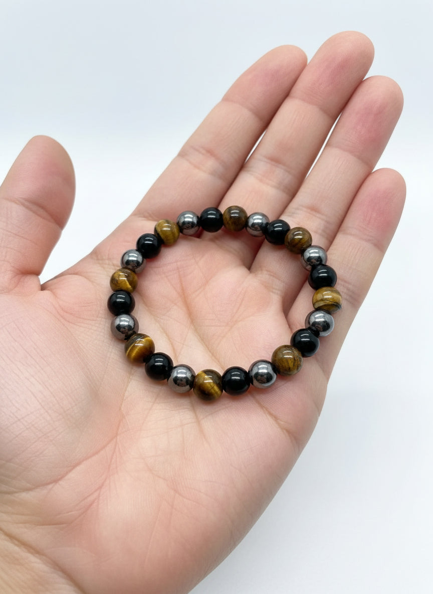 Triple Eye Protection Bracelet – Tiger Eye, Hematite & Black Obsidian for Strength & Protection
